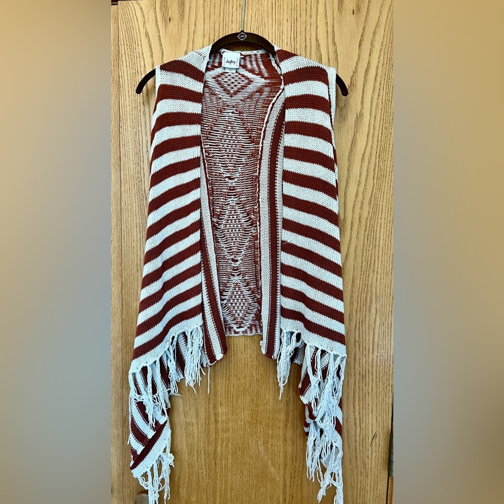 Daytrip sweater with fringe, brown and cream, size Medium